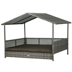 Outdoor Dog Bed with Canopy, Rattan Dog Bed with Soft Cushion Removable Cover for Medium and Large Dogs, Charcoal Gray