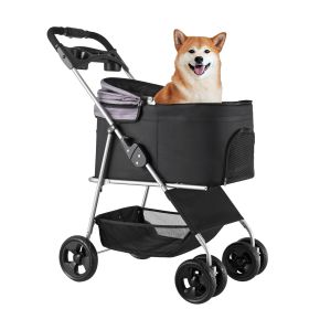 Pet Stroller, 35 lbs Weight Capacity, Foldable Dog Stroller Cart, 4 Wheels Cats Pram with Detachable Carrier & Mesh Windows